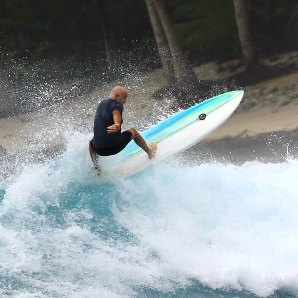 Twinzer surfboard in action, rider Dr Evil